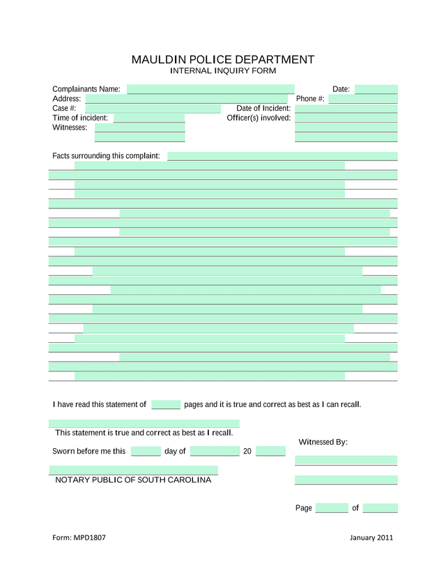 MPD1807 Mauldin Police Department Internal Inquiry Form screenshot