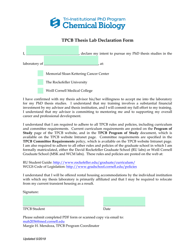 TPCB Thesis Lab Declaration Form screenshot