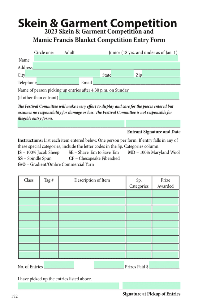 2023 Skein  Garment Competition And Mamie Francis Blanket Competition Entry Form screenshot