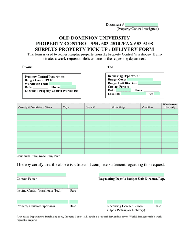 Surplus Property Pick Up  Delivery Form screenshot
