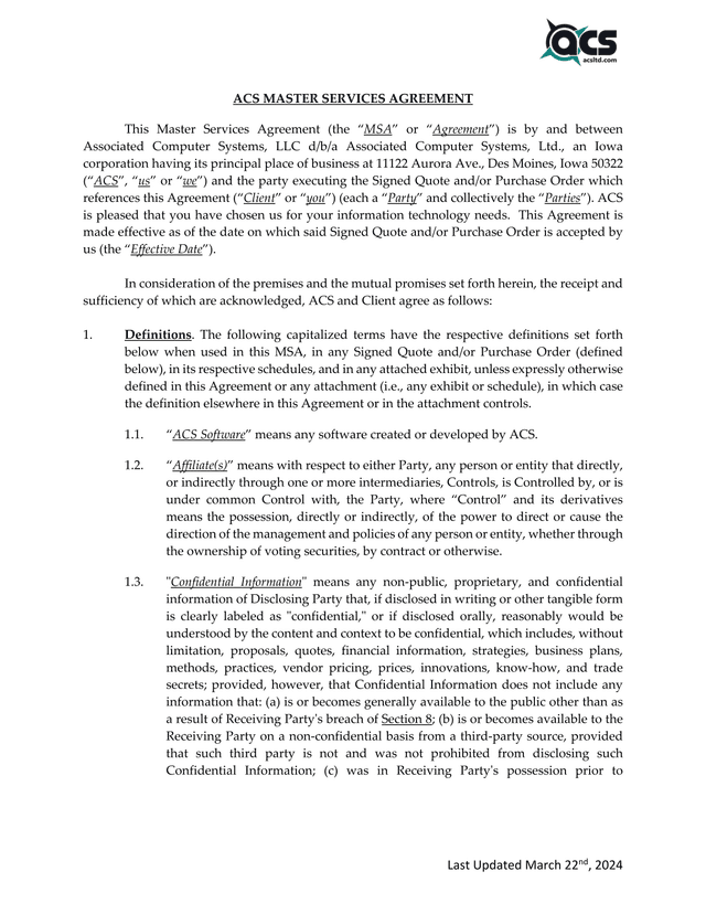 ACS Master Services Agreement screenshot