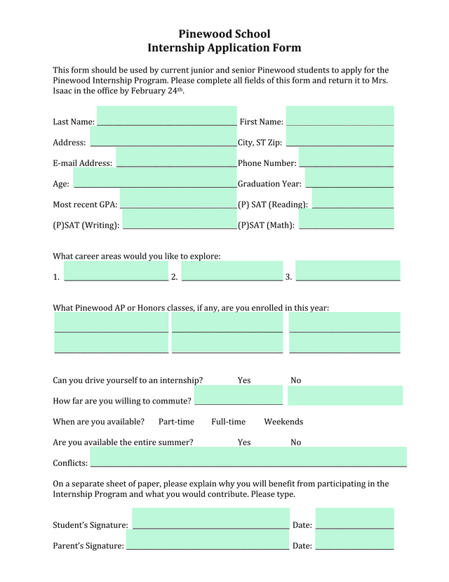 Pinewood Internship Application Form screenshot