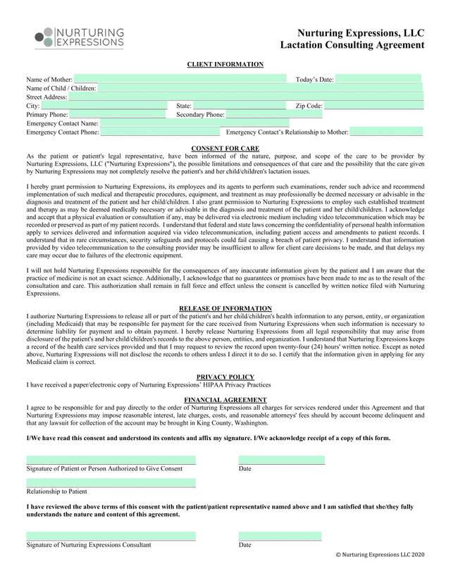 Lactation Consulting Agreement screenshot