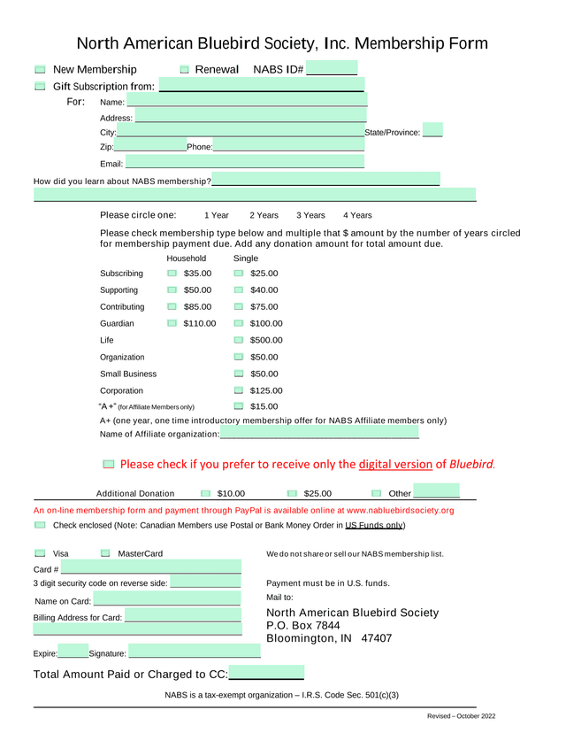 North American Bluebird Society, Inc. Membership Form screenshot