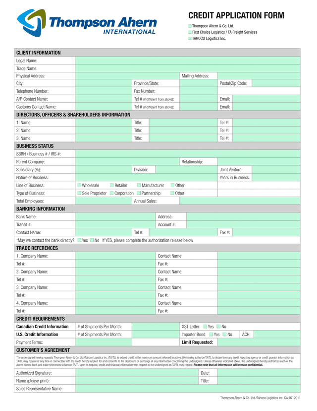 Credit Application Form screenshot