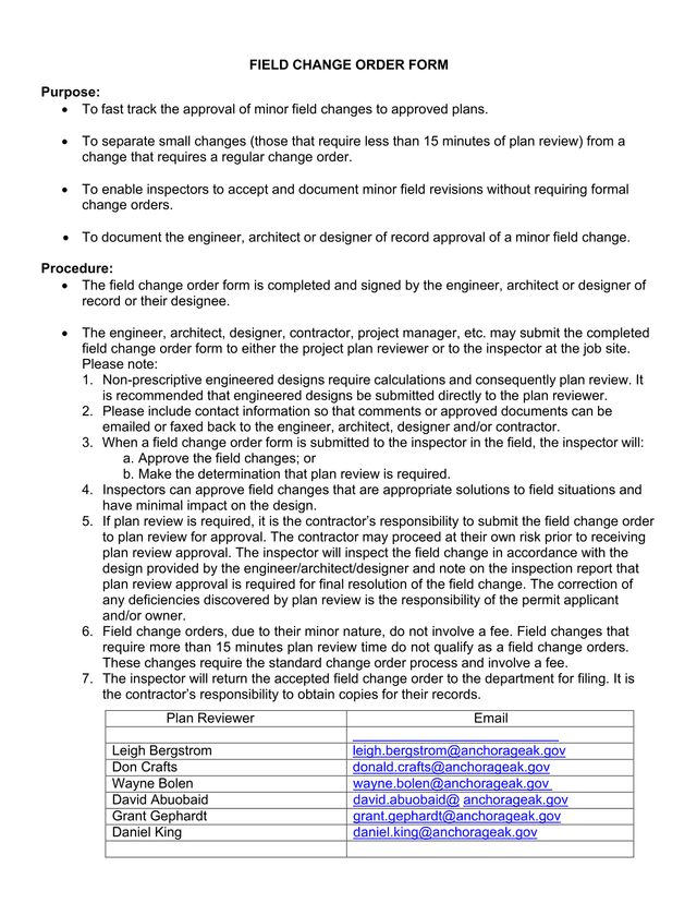 FIELD CHANGE ORDER FORM screenshot