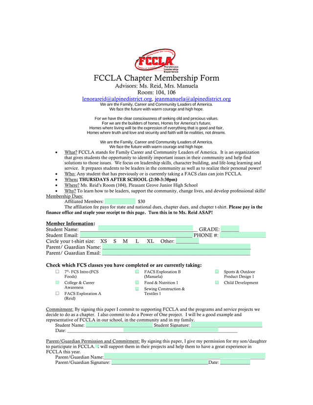 FCCLA Chapter Membership Form screenshot