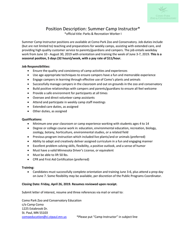 Position Description Summer Camp Instructor screenshot
