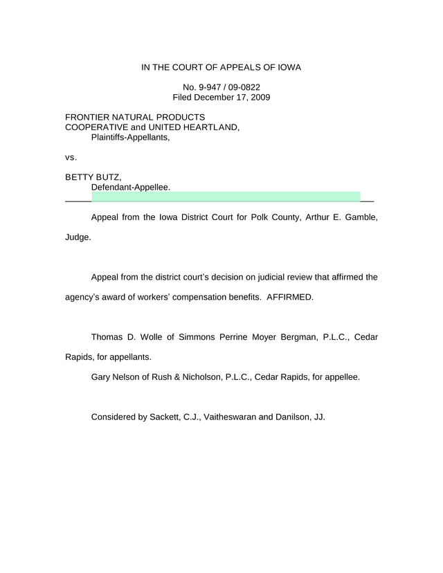 Frontier Natural Products Cooperative V. Butz   Court Of Appeals Of Iowa screenshot