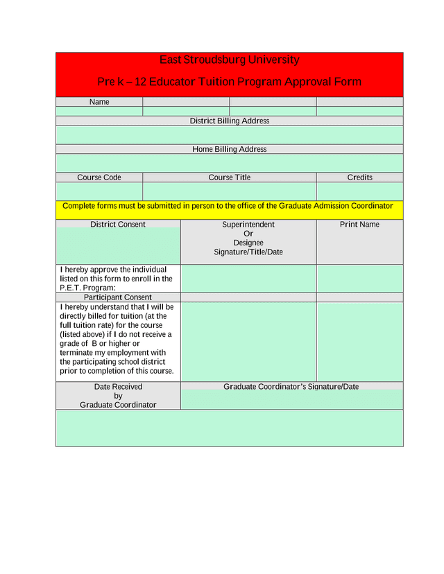 Pre K  12 Educator Tuition Program Approval Form screenshot