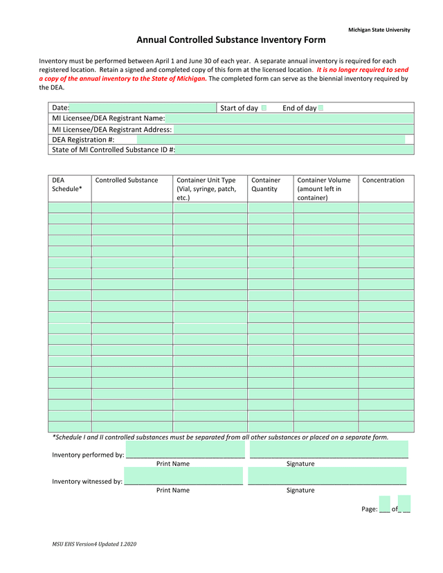 Annual Controlled Substance Inventory Form screenshot