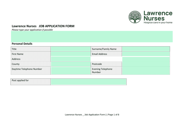 Lawrence Nurses Job Application Form screenshot