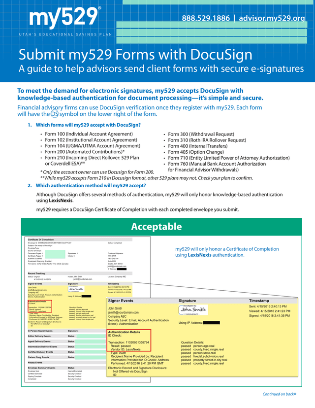 My529 DocuSign Electronic Signature Forms screenshot