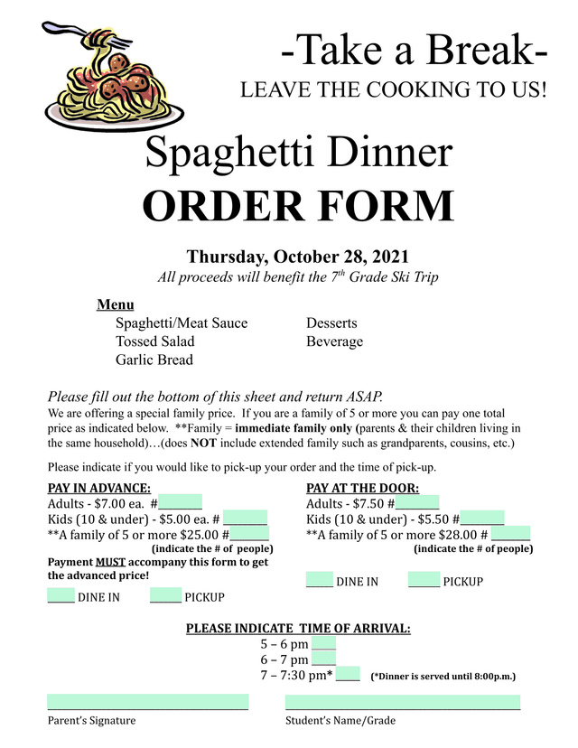 Spaghetti Dinner Order Form screenshot