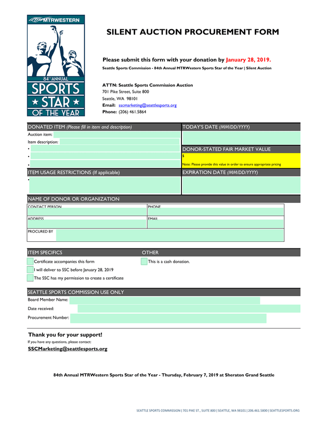 Silent Auction Procurement Form screenshot