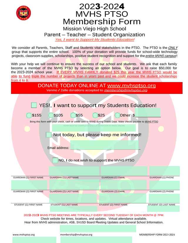 MVHS PTSO Membership Form screenshot