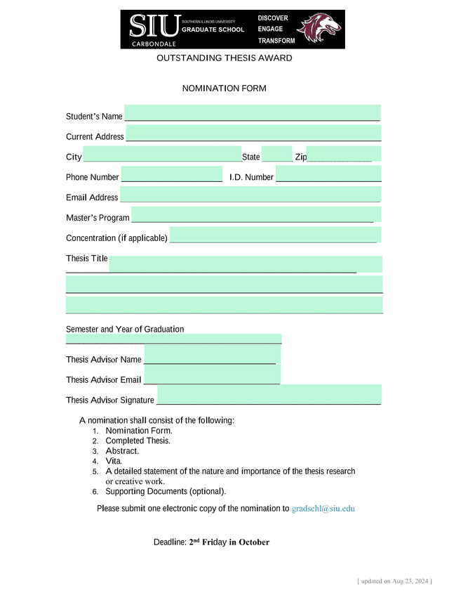 Outstanding Thesis Award Nomination Form screenshot