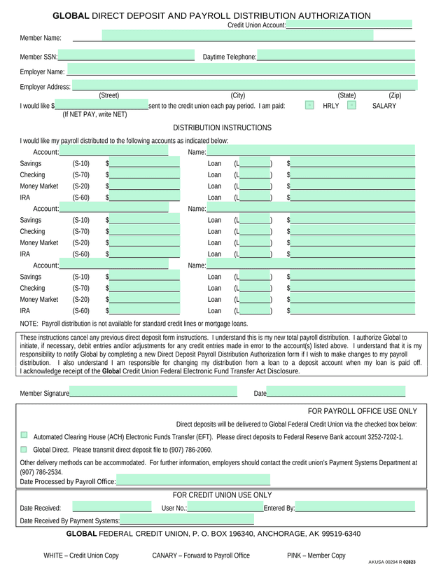 Global Direct Deposit And Payroll Distribution Authorization screenshot