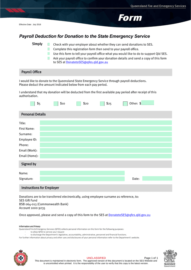 Payroll Deduction For Donation To The State Emergency Service screenshot