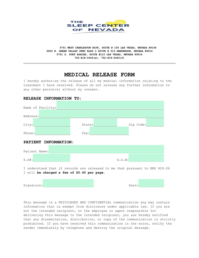 Medical Release Form screenshot