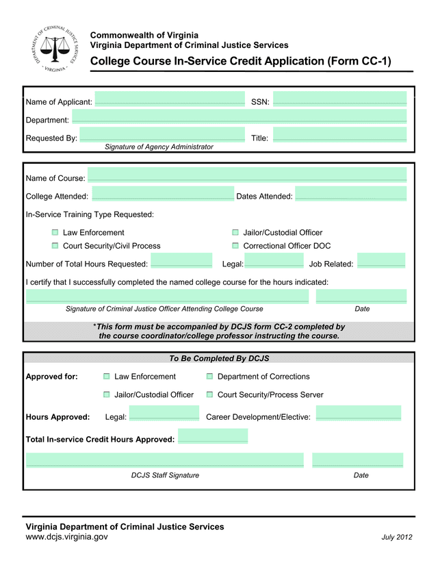 College Course In Service Credit Application (Form CC 1) screenshot