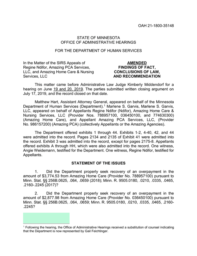 Amended Findings Of Fact, Conclusions Of Law, And Recommendation screenshot