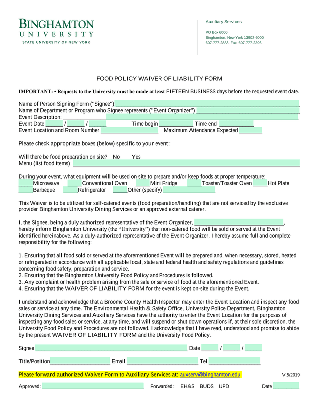 FOOD POLICY WAIVER OF LIABILITY FORM screenshot