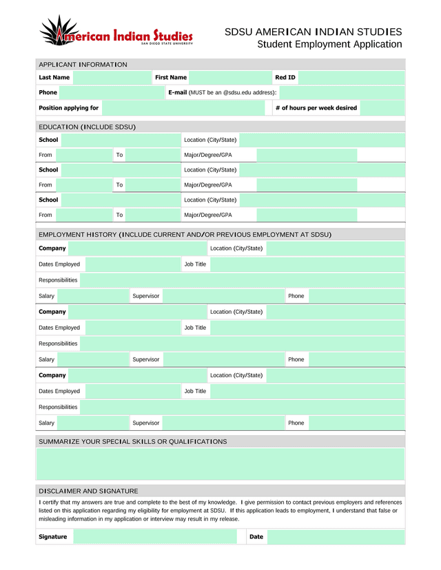 SDSU American Indian Studies Student Employment Application screenshot