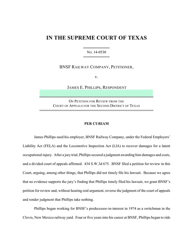 Supreme Court Of Texas Case No. 14 0530 BNSF Railway Company V. James E. Phillips screenshot