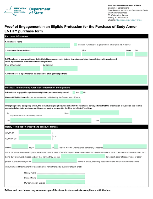 Proof Of Engagement In An Eligible Profession For The Purchase Of Body Armor   ENTITY Purchase Form screenshot