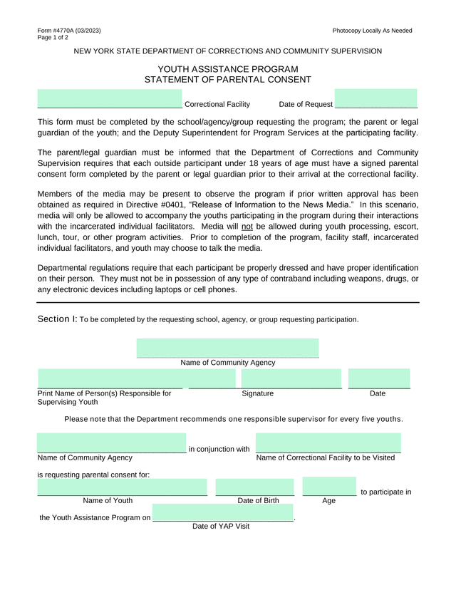 Form 4770A Youth Assistance Program Statement Of Parental Consent screenshot