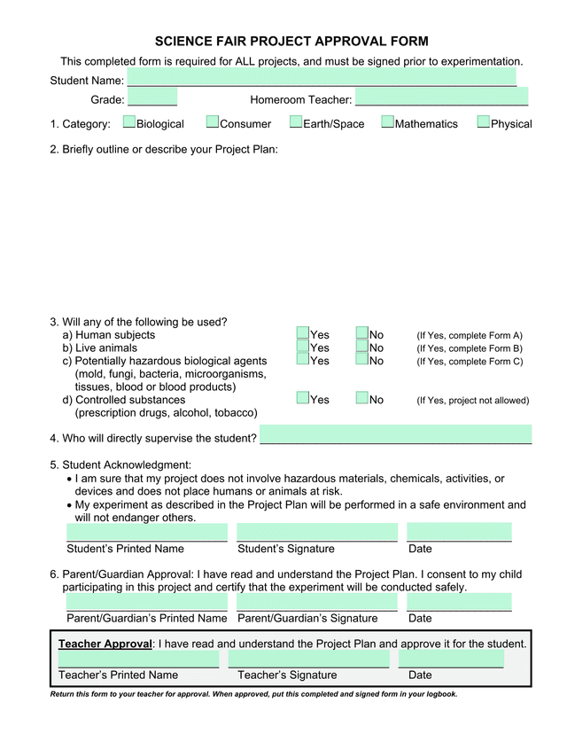 Science Fair Project Approval Form screenshot