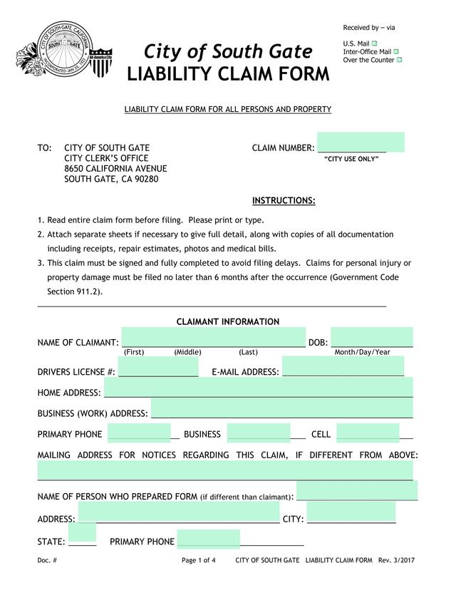 City Of South Gate Liability Claim Form screenshot