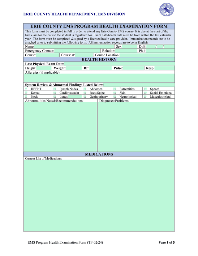 EMS Program Health Examination Form (TF 0224) screenshot