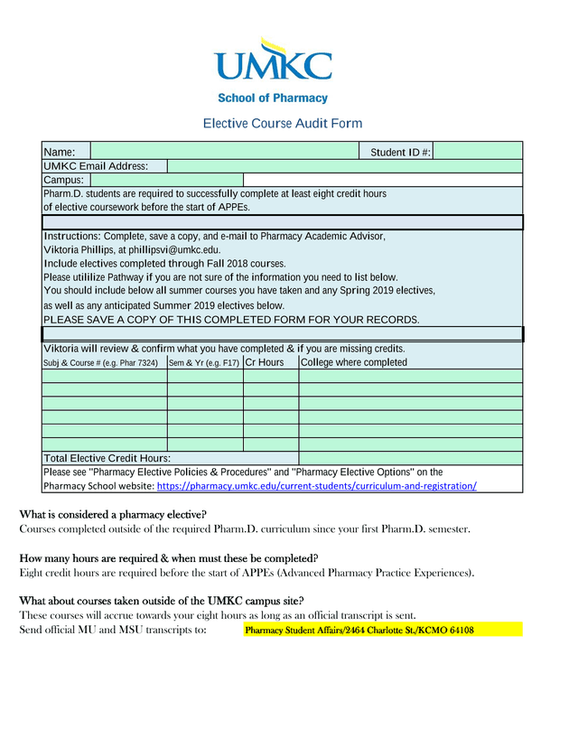 Elective Course Audit Form screenshot