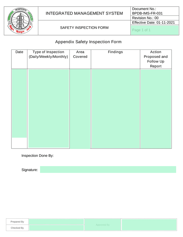 Safety Inspection Form screenshot