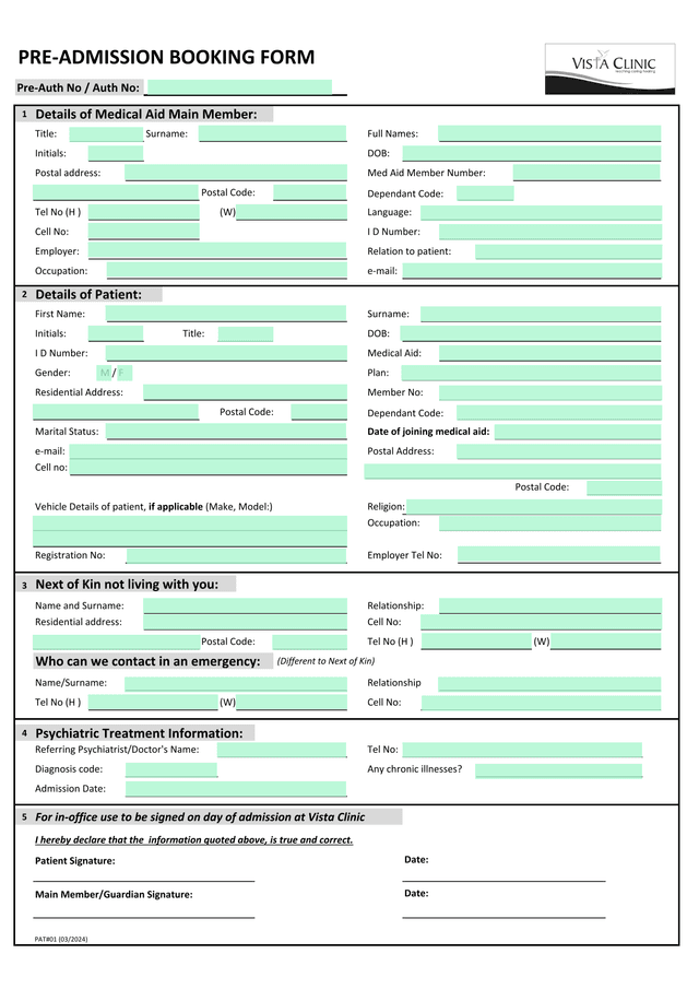 PRE ADMISSION BOOKING FORM screenshot