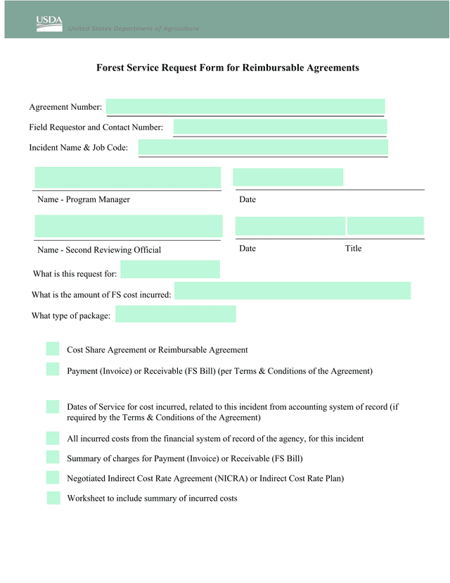 Forest Service Request Form For Reimbursable Agreements screenshot