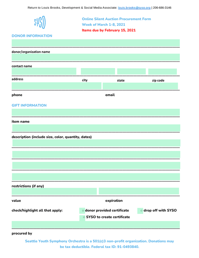 Online Silent Auction Procurement Form screenshot