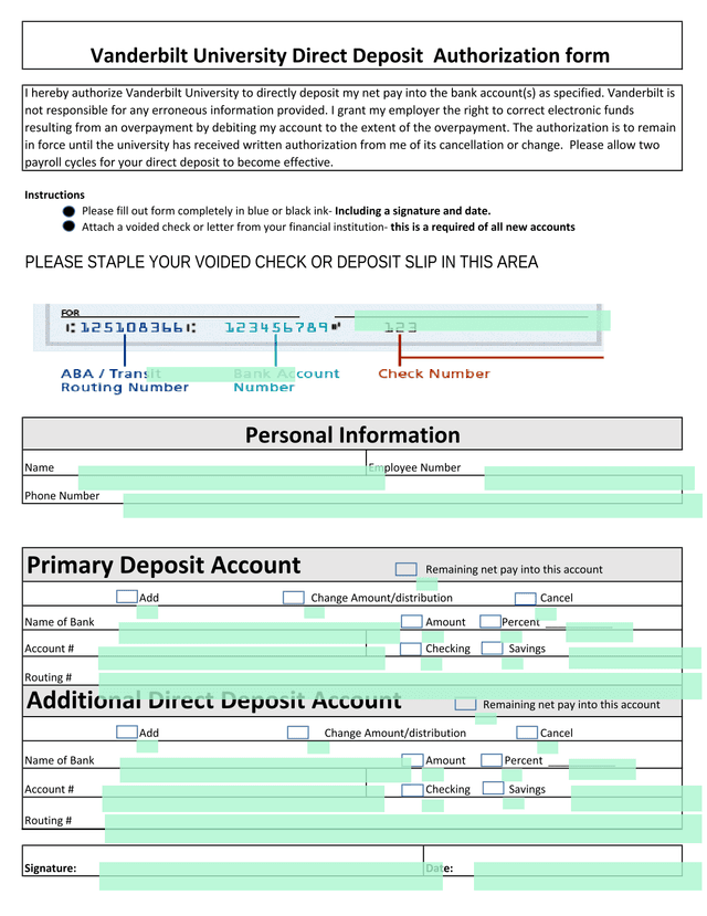 Vanderbilt University Direct Deposit Authorization Form screenshot