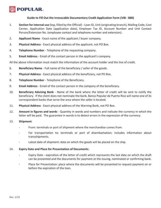 Irrevocable Documentary Credit Application Form (VIB   880) screenshot