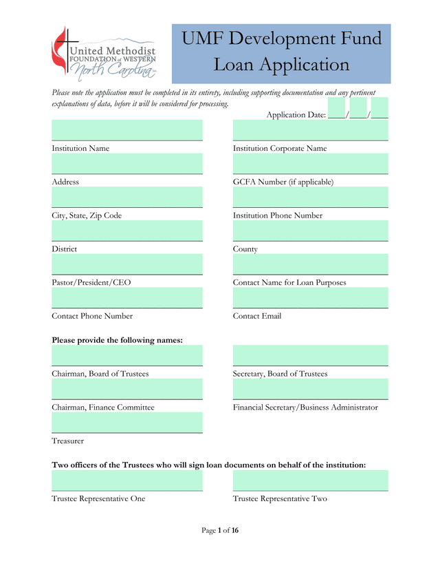 UMF Development Fund Loan Application screenshot