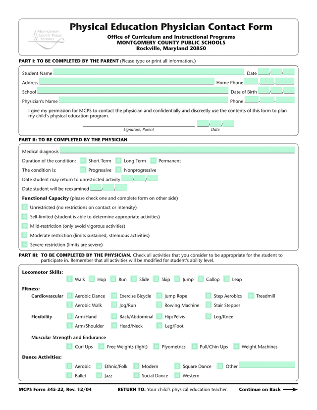 Student Physical Education Medical Clearance Form screenshot