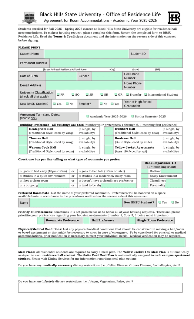 Black Hills State University  Agreement For Room Accommodations  Academic Year 2025 2026 screenshot