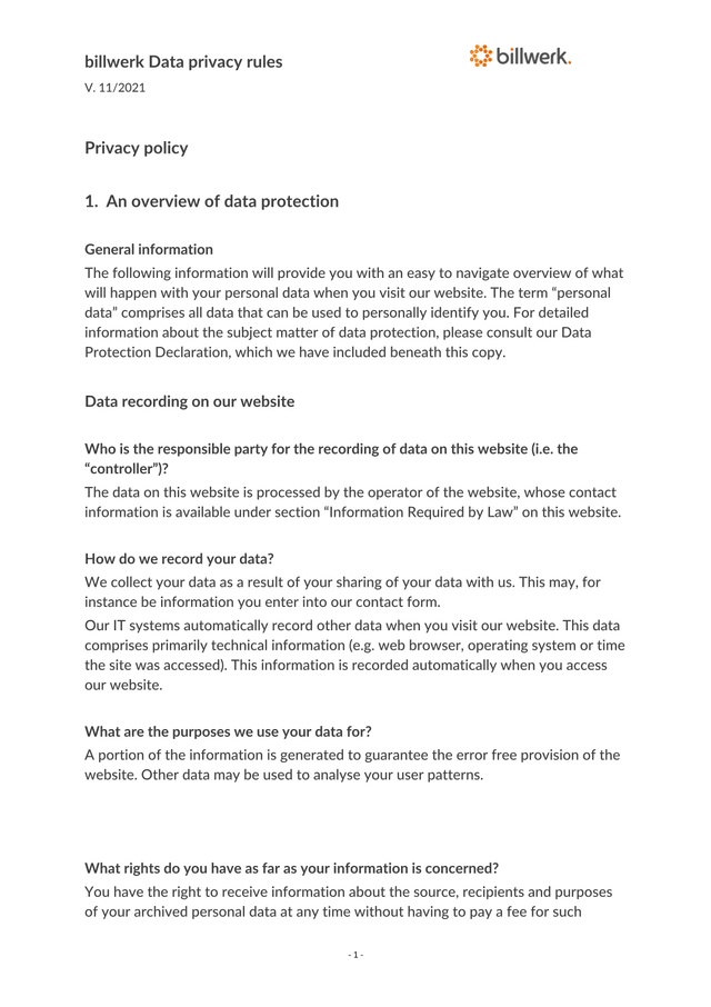 Billwerk Data Privacy Rules screenshot