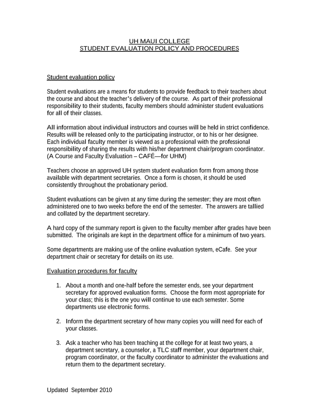 UH Maui College Student Evaluation Policy And Procedures screenshot
