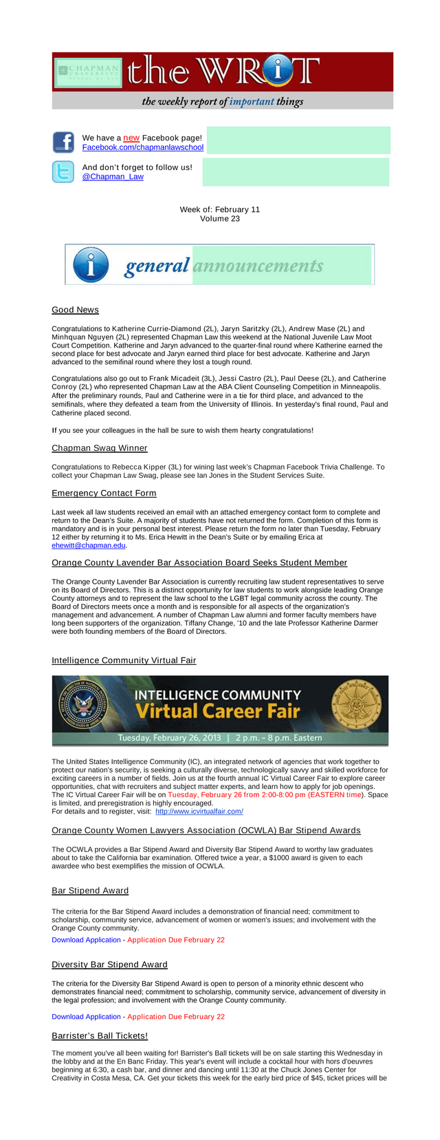 Chapman Law School Newsletter screenshot
