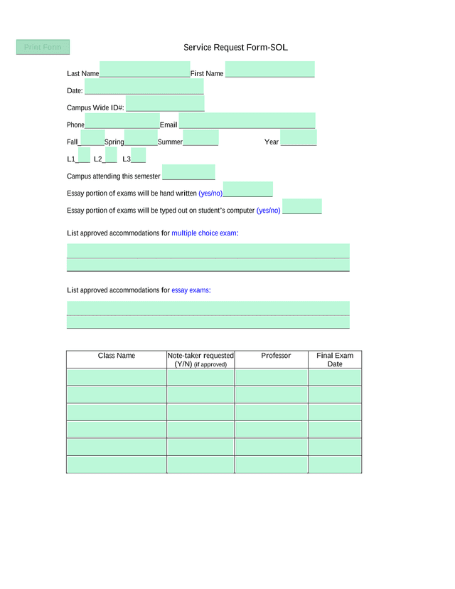 Service Request Form SOL screenshot