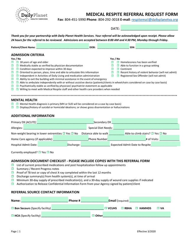 Medical Respite Referral Request Form screenshot