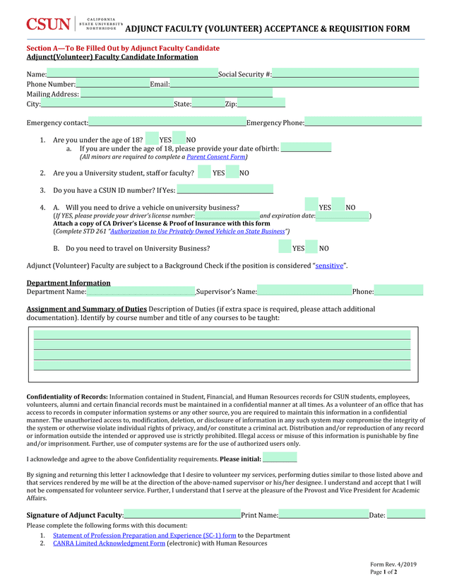 ADJUNCT FACULTY (VOLUNTEER) ACCEPTANCE  REQUISITION FORM screenshot